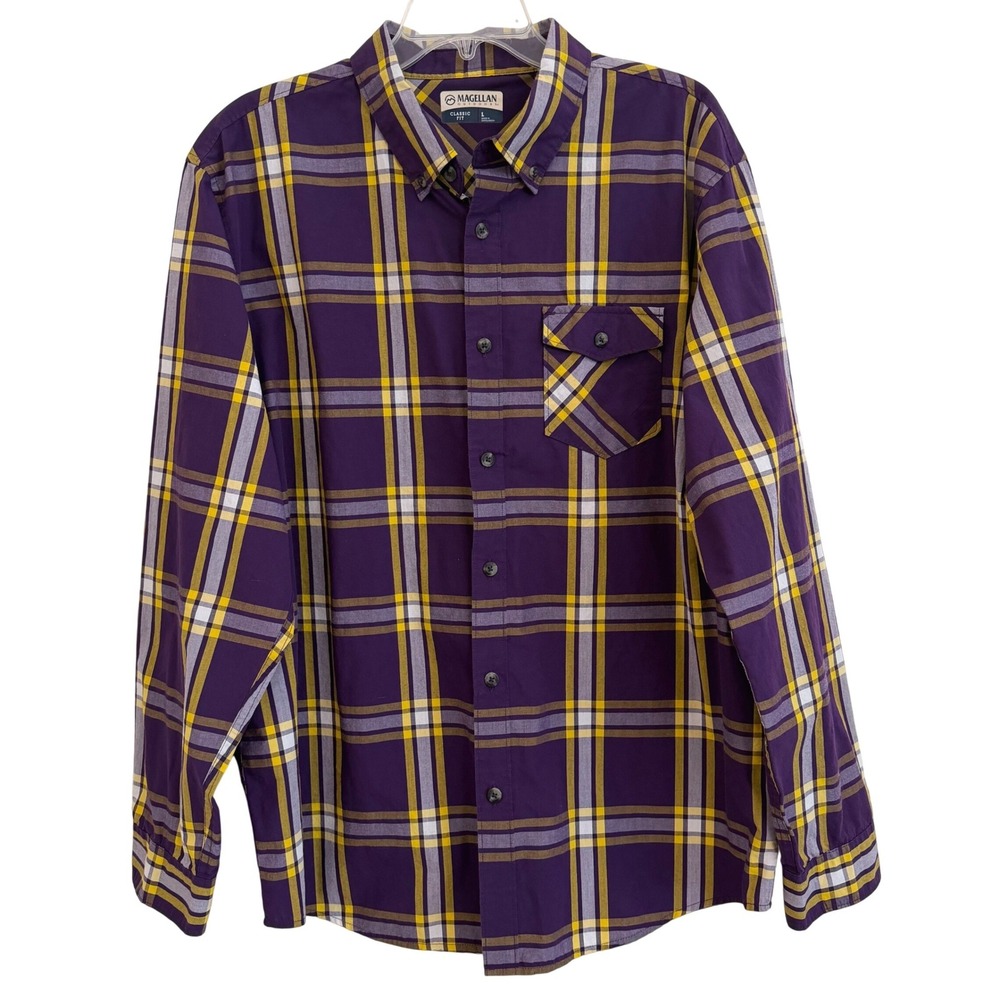 Magellan Outdoors Summerville Mens L Purple Yellow Plaid Shirt LSU Tigers NWOT